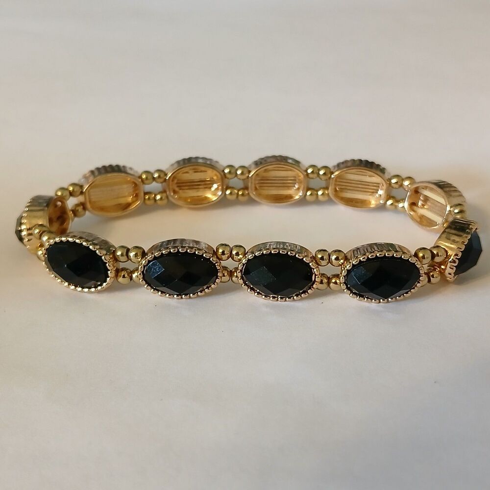 Vtg Gold Tone Faceted Black Stone Bracelet Classic Statement Oval Link Estate